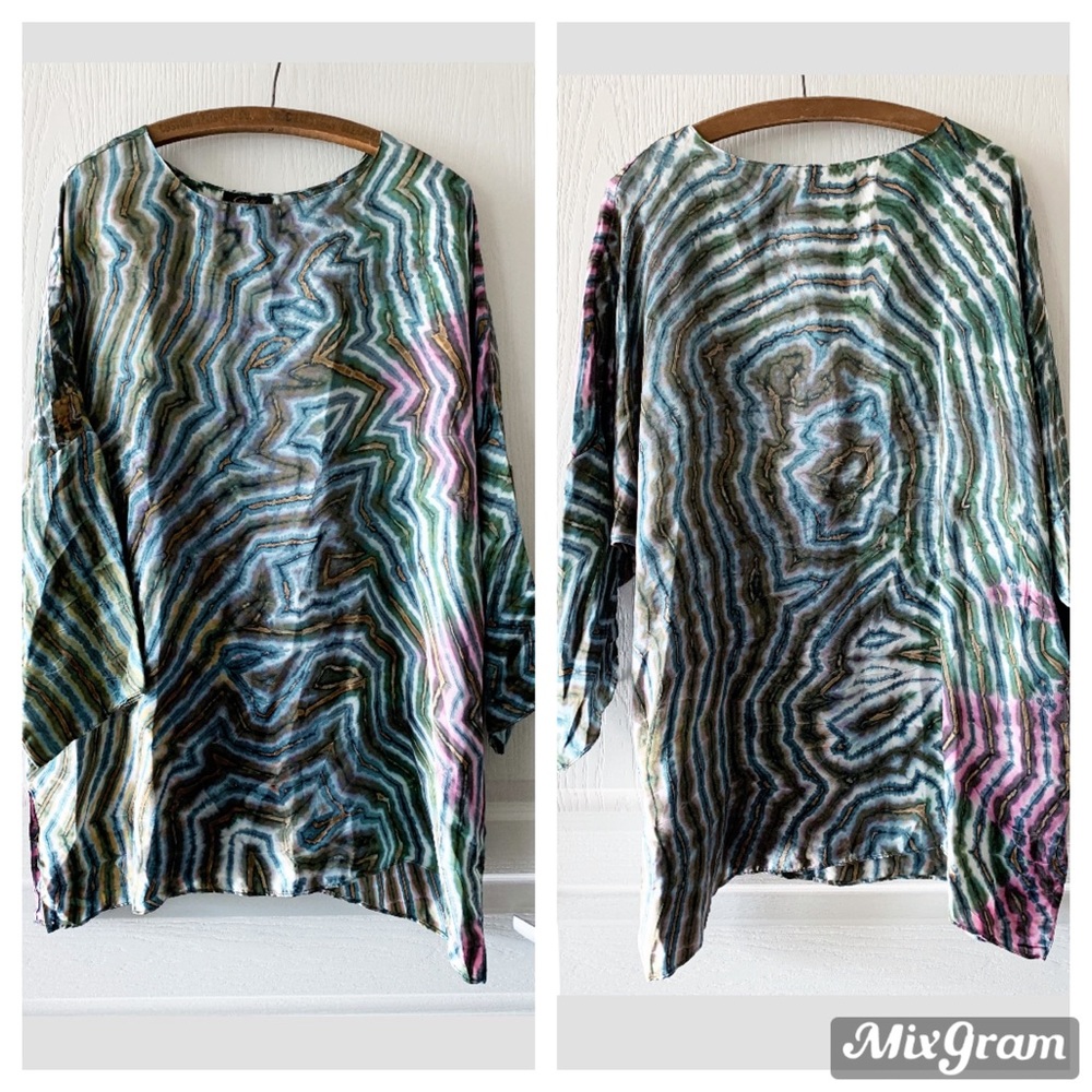 Carter Shibori Silk Tie Dye Tunic Top Pink Green